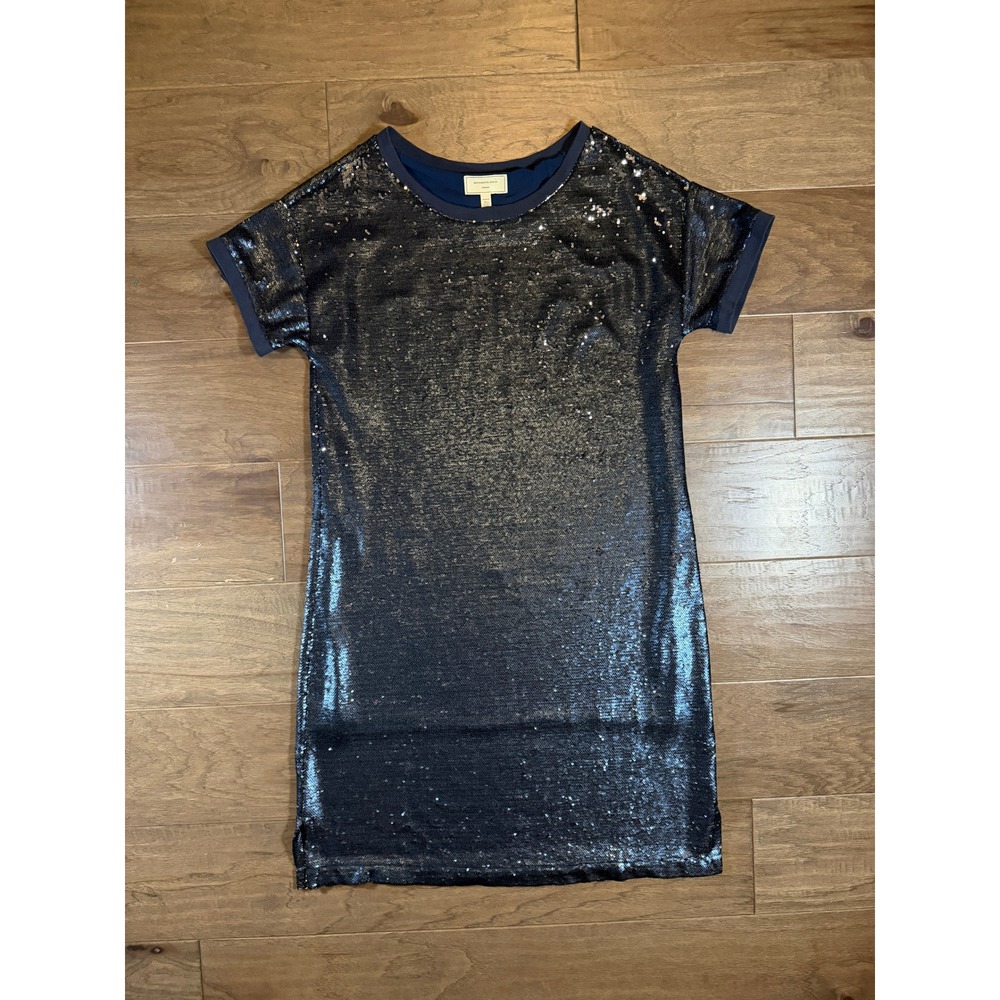Moulinette Soeurs Navy Blue Sequin Shift Dress Short Sleeve Crew Neck Medium